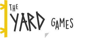 A logo featuring the text "The Yard Games" on a white pennant-shaped banner with yellow stripes on the left edge.